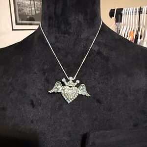 New Silver Angel Wing Rhinestone Heart Pendant Necklace